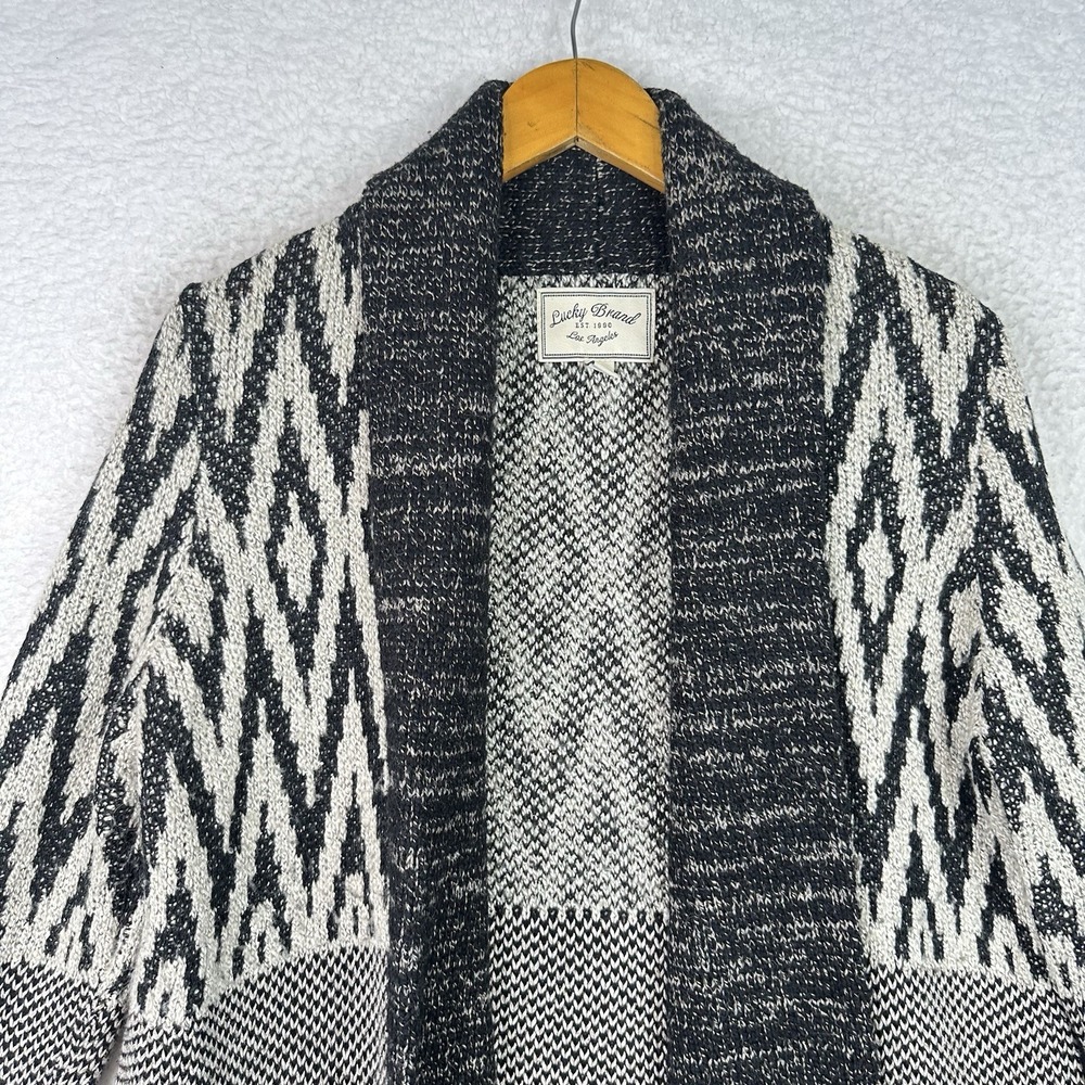 Lucky Brand Cardigan Womens XL Wool Blend Black Cream Southwest Open Front - Picture 3 of 11